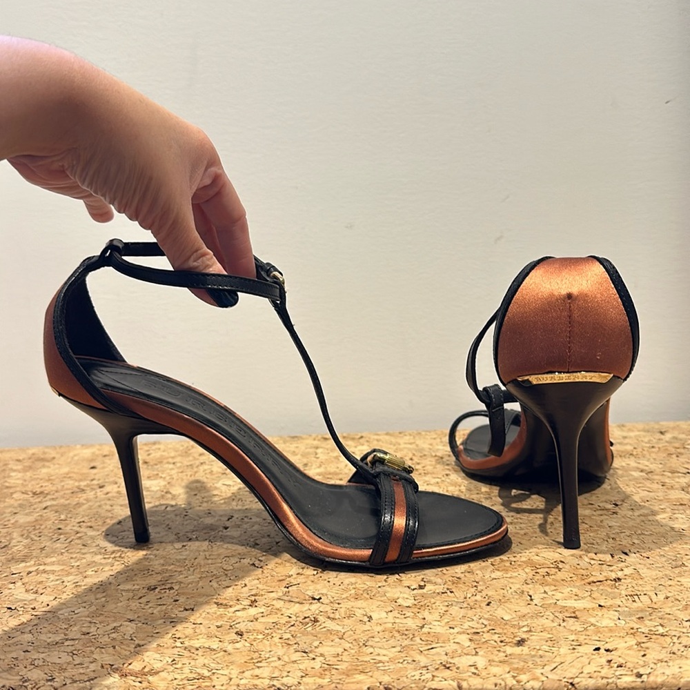 Burberry Black and Copper Satin T-Strap Heels